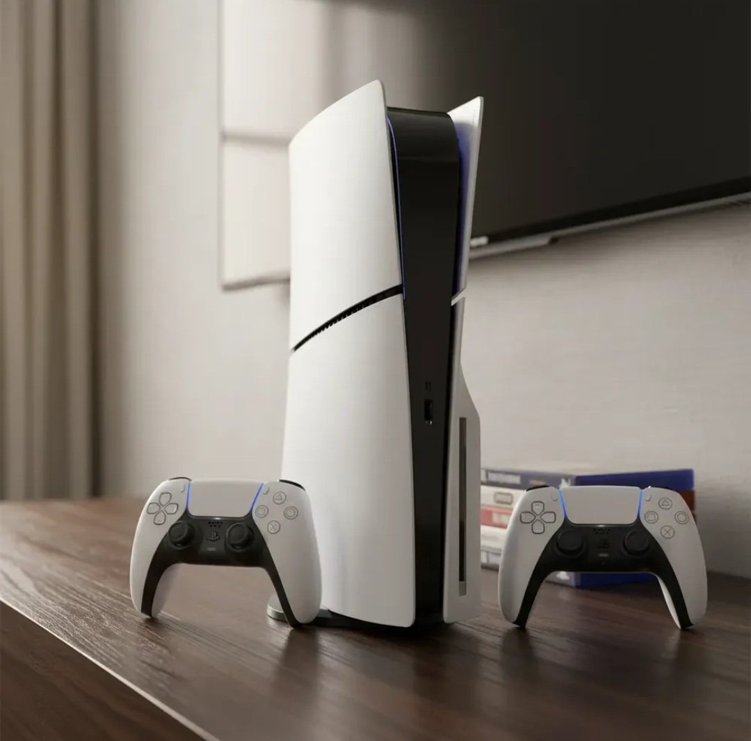 Console PlayStation 5 Slim Edição Digital em pé ao lado da televisão na sala