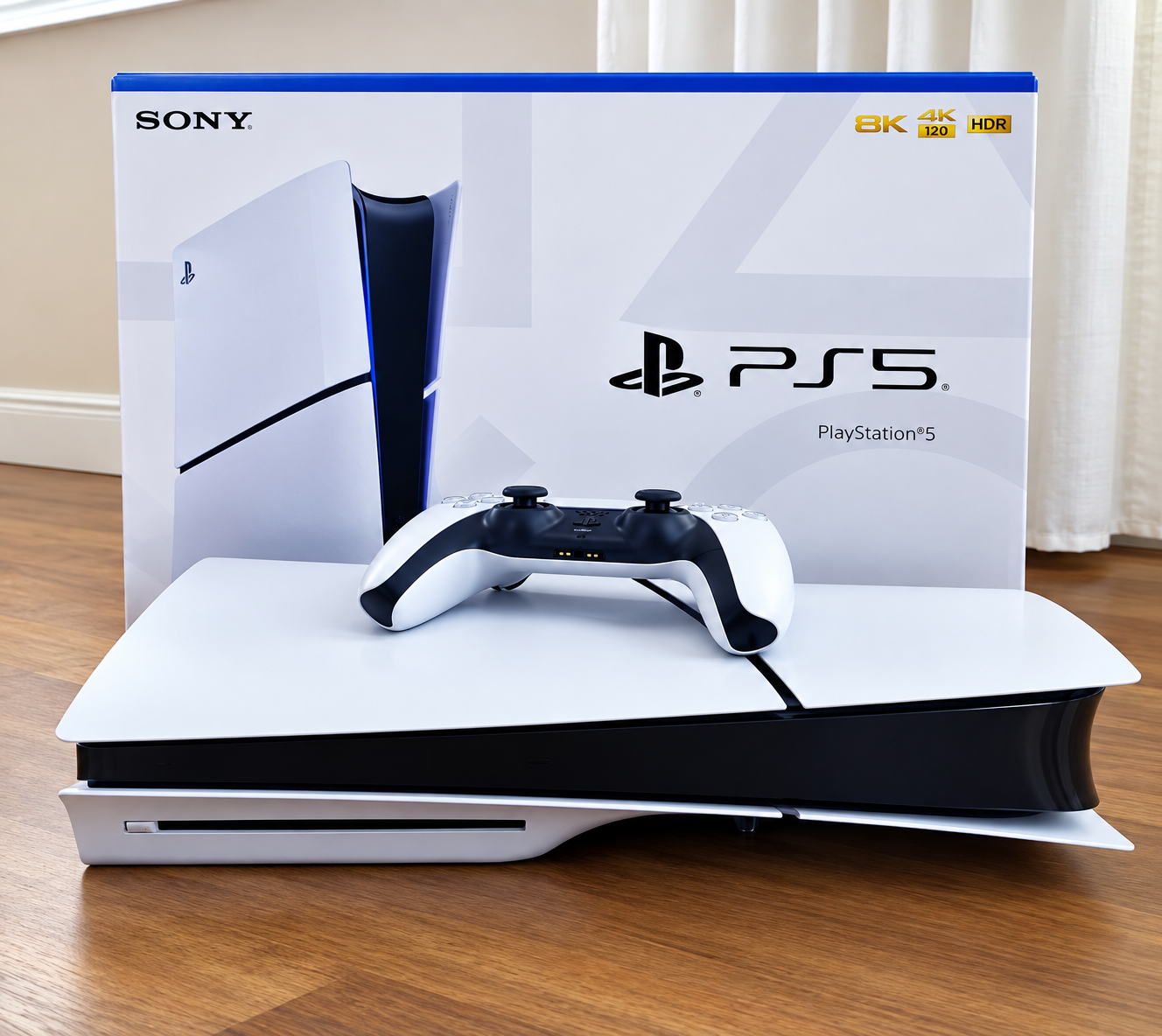 Console PlayStation 5 Slim Edição Digital na cor branca com controle DualSense posicionado ao lado sobre superfície limpa