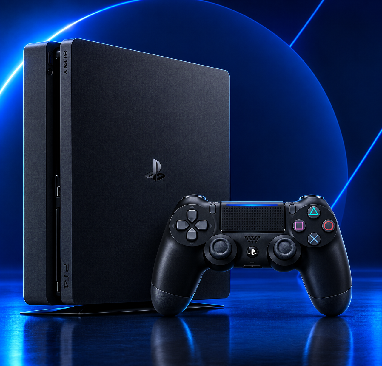 Console PlayStation 4 Slim preto ao lado do controle DualShock 4 mostrando se o PS4 Slim vale a pena em 2026.