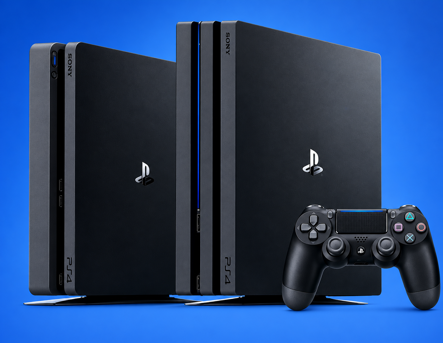 Comparativo do melhor modelo entre PS4 Slim ou PS4 Pro no Mercado Livre exibindo os dois consoles e os controles DualShock 4.