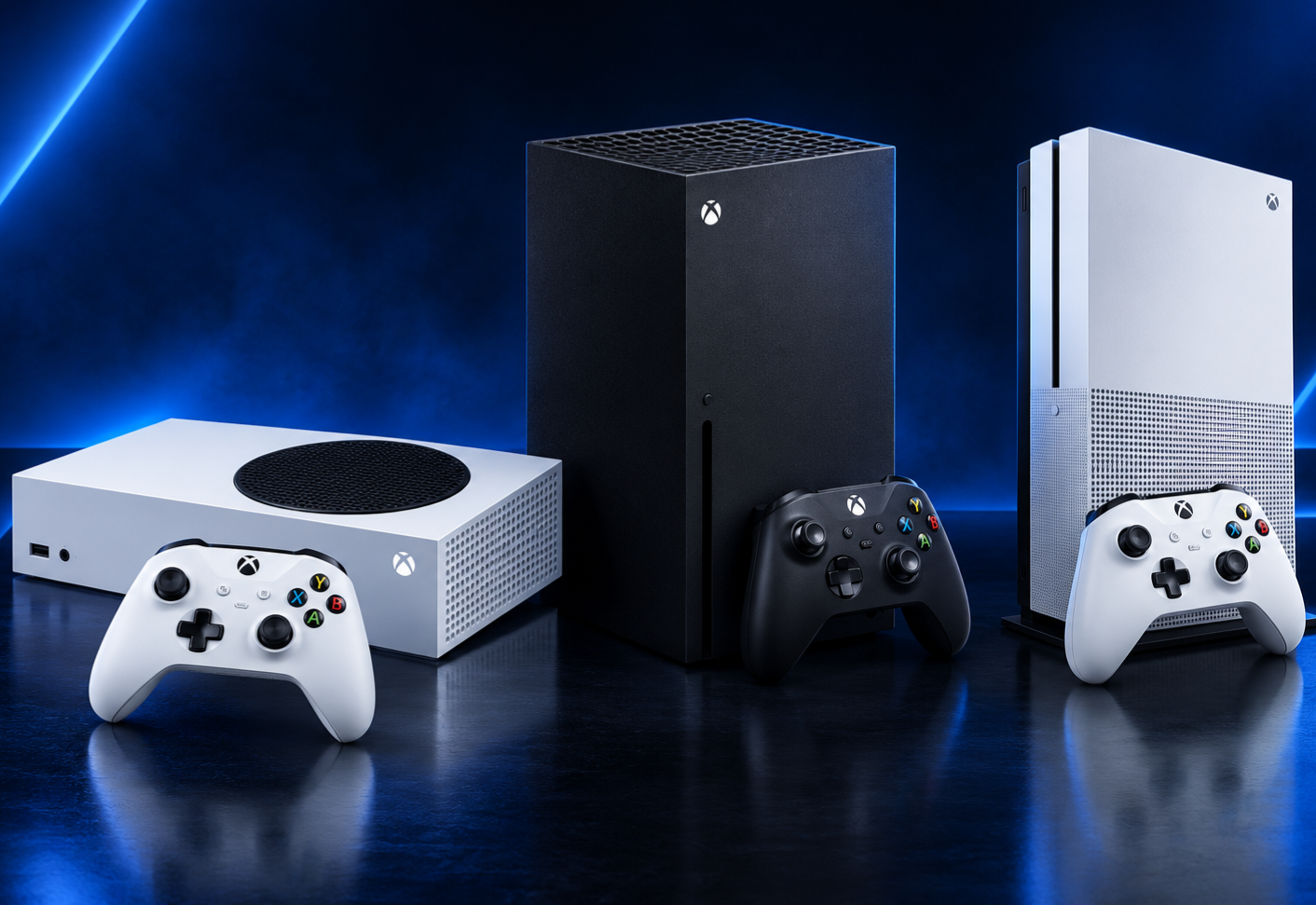 Comparativo exibindo os consoles Xbox One S, Xbox Series S e Xbox Series X lado a lado com seus respectivos controles.