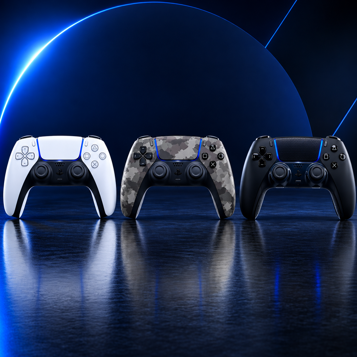 ​Comparativo dos modelos de controle do PS5: DualSense Padrão, Edição Especial e DualSense Edge Pro.