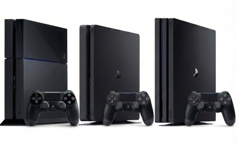 Comparativo dos 3 melhores modelos de PS4 mostrando os consoles PS4 Fat, PS4 Slim e PS4 Pro lado a lado.